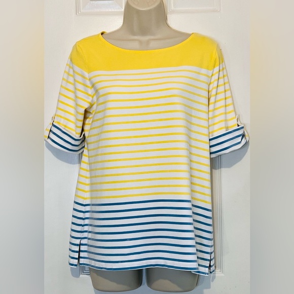 Ruby Rd. Women’s Top, three-quarter sleeves, blue/yellow/white striped, Size M - Picture 1 of 9